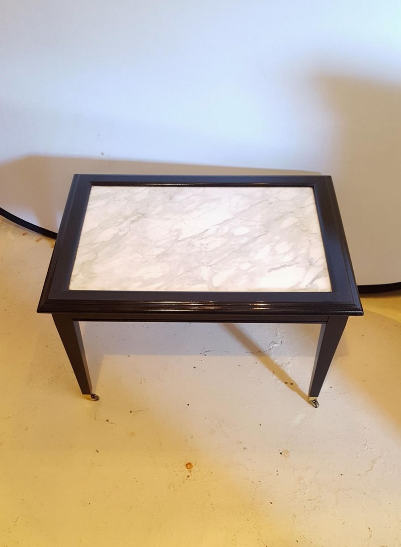 Ebonized Marble Top Coffee Table / Cocktail Table On Wheels manner of Jansen - 4