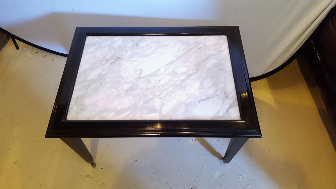 Ebonized Marble Top Coffee Table / Cocktail Table On Wheels manner of Jansen - 5