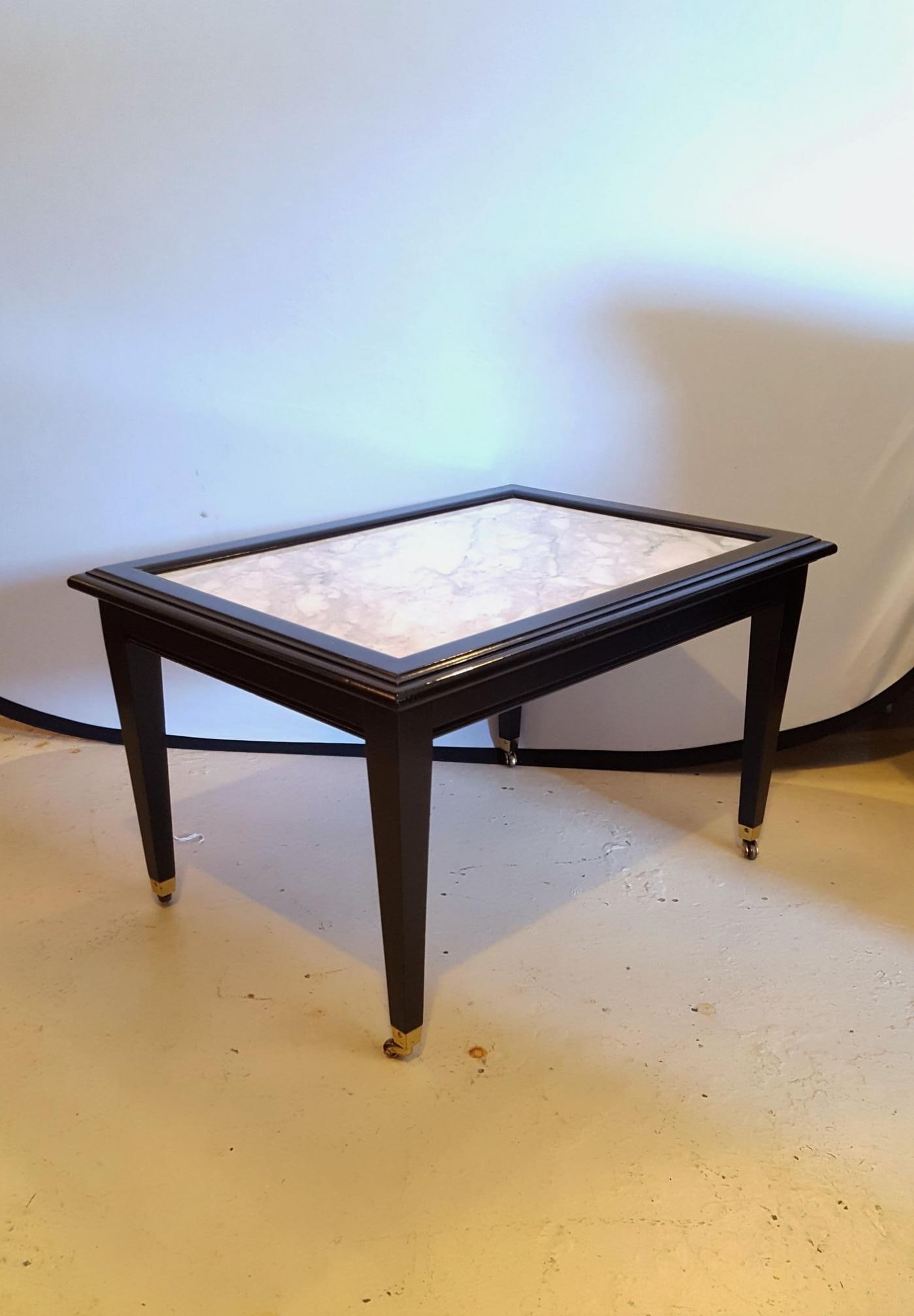 Ebonized Marble Top Coffee Table / Cocktail Table On Wheels manner of Jansen - 6