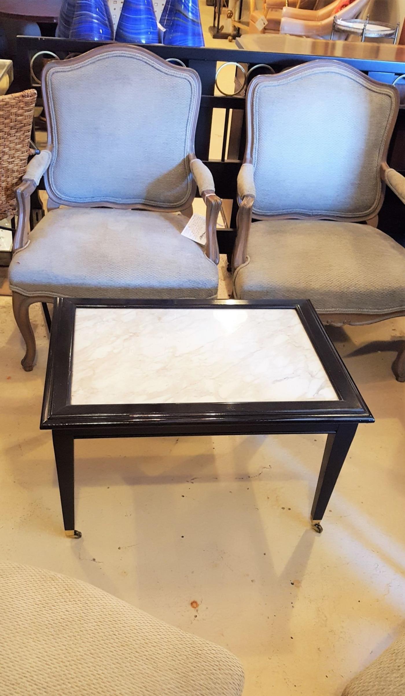 Ebonized Marble Top Coffee Table / Cocktail Table On Wheels manner of Jansen - 8