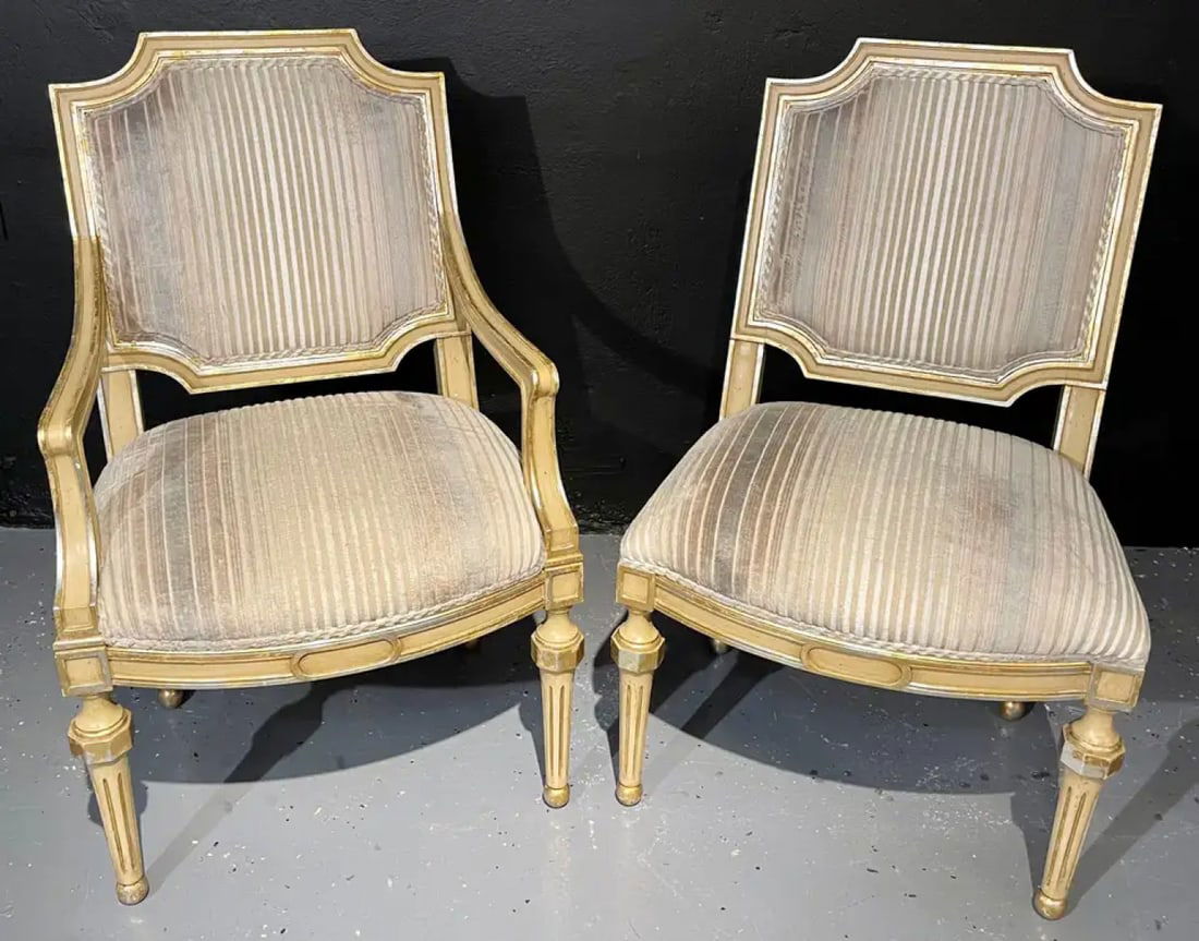 Set of Eight Louis XVI Style Dining Chairs Painted and Parcel-Gilt, Jansen Style - 6