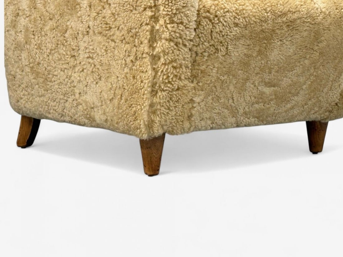 Meroni & Fossati, Beige Shearling, Stained Wood, Lounge Chairs, Italy, 1950s - 11
