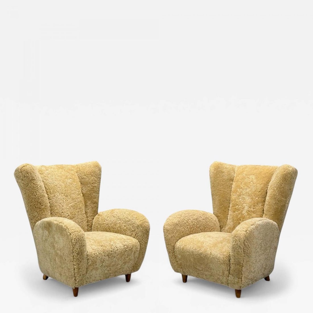 Meroni & Fossati, Beige Shearling, Stained Wood, Lounge Chairs, Italy, 1950s - 2