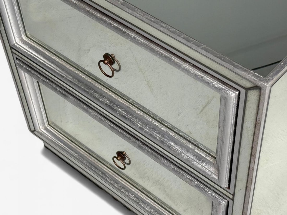 Hollywood Regency Style, Silver Leaf, Distressed Glass, Mirrored Nightstands - 11