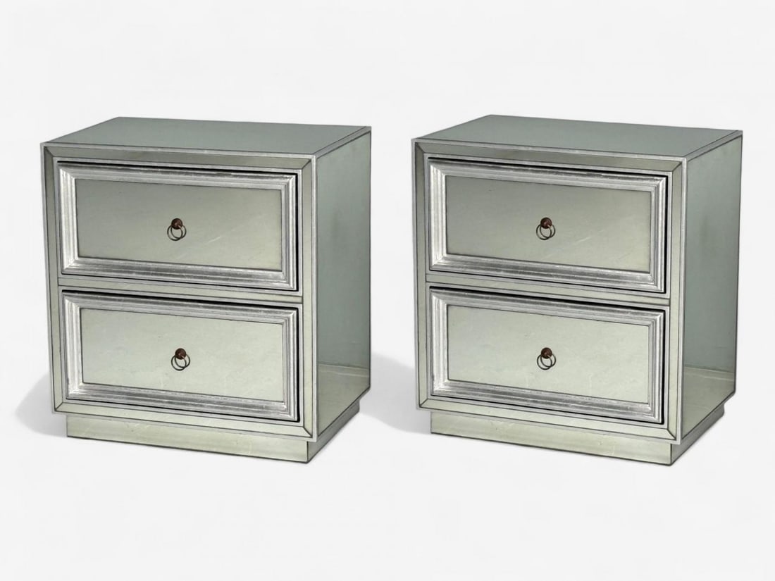 Hollywood Regency Style, Silver Leaf, Distressed Glass, Mirrored Nightstands - 3