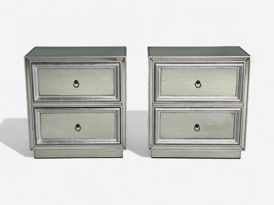 Hollywood Regency Style, Silver Leaf, Distressed Glass, Mirrored Nightstands - 5