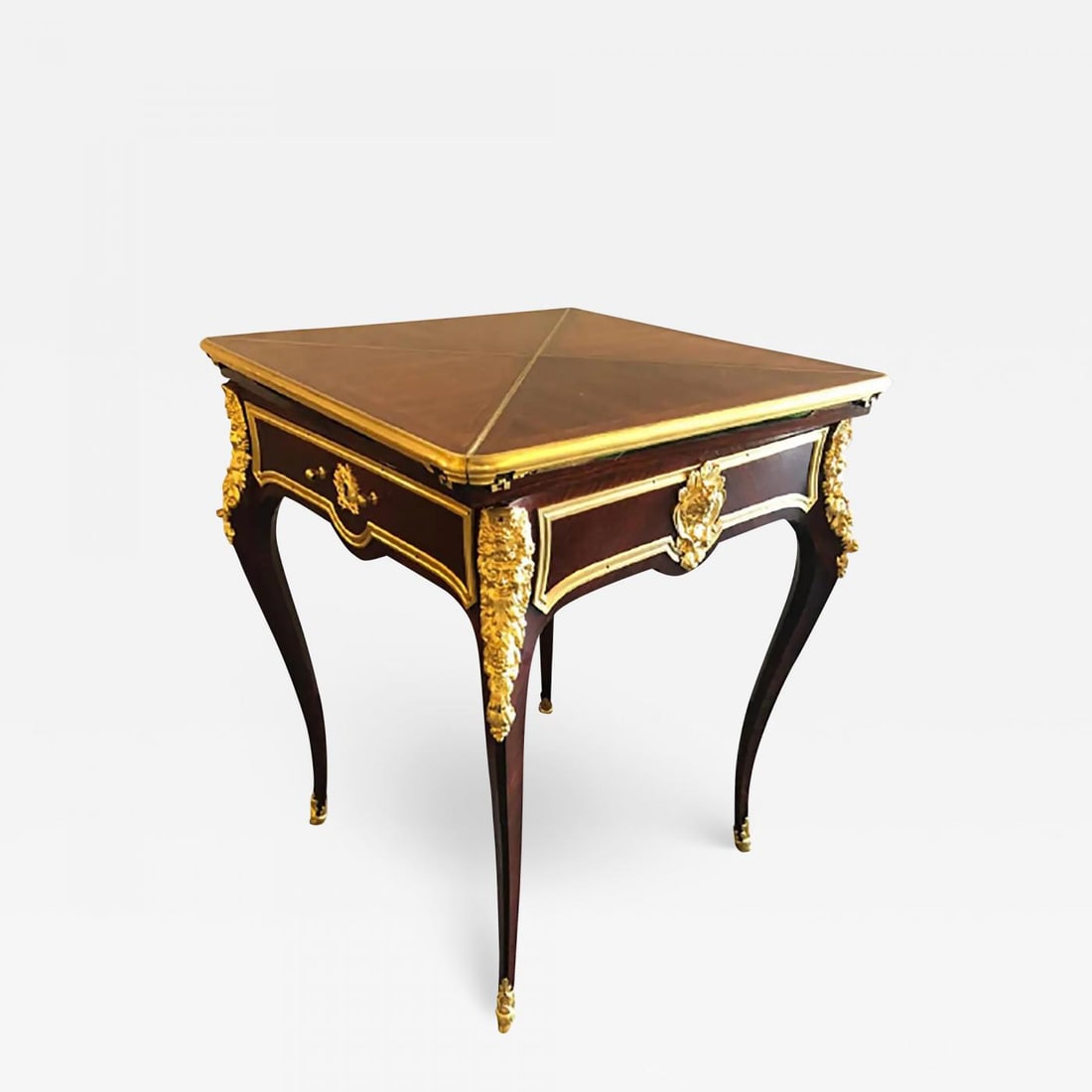 19th Century French Ormolu Folding Card Envelope Table, Signed P. Sormani: Title: 19th Century French Ormolu Folding Card Envelope Table, Signed P. Sormani Description: A fine french ormolu-mounted kingwood envelope card table by Paul Sormani. Late 19th century. The revolvin
