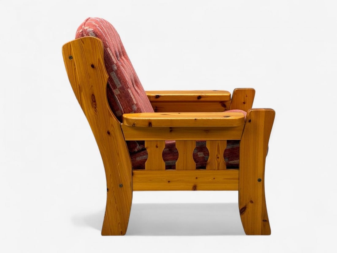 Swedish Modern, Pine, Red Fabric, Brutalist Lounge Chairs, Sweden, 1950s - 7