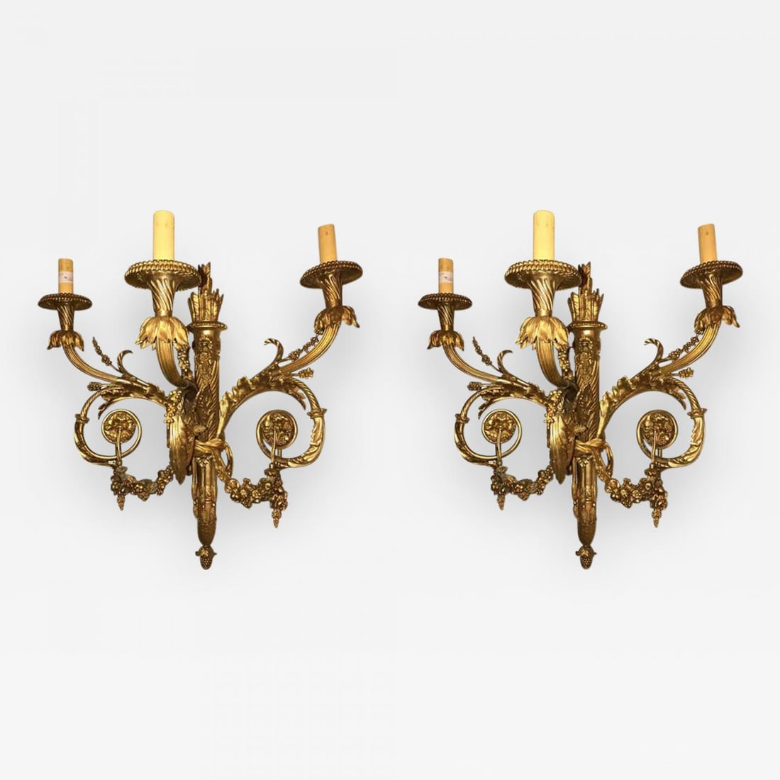 Pair of Monumental Three-Light Sconces Solid Bronze Louis XVI Style (1 of 11)