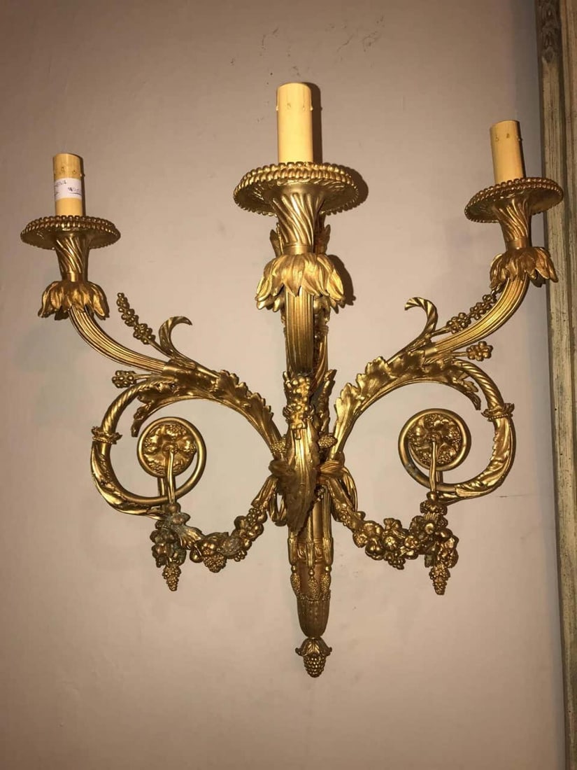 Pair of Monumental Three-Light Sconces Solid Bronze Louis XVI Style - 4