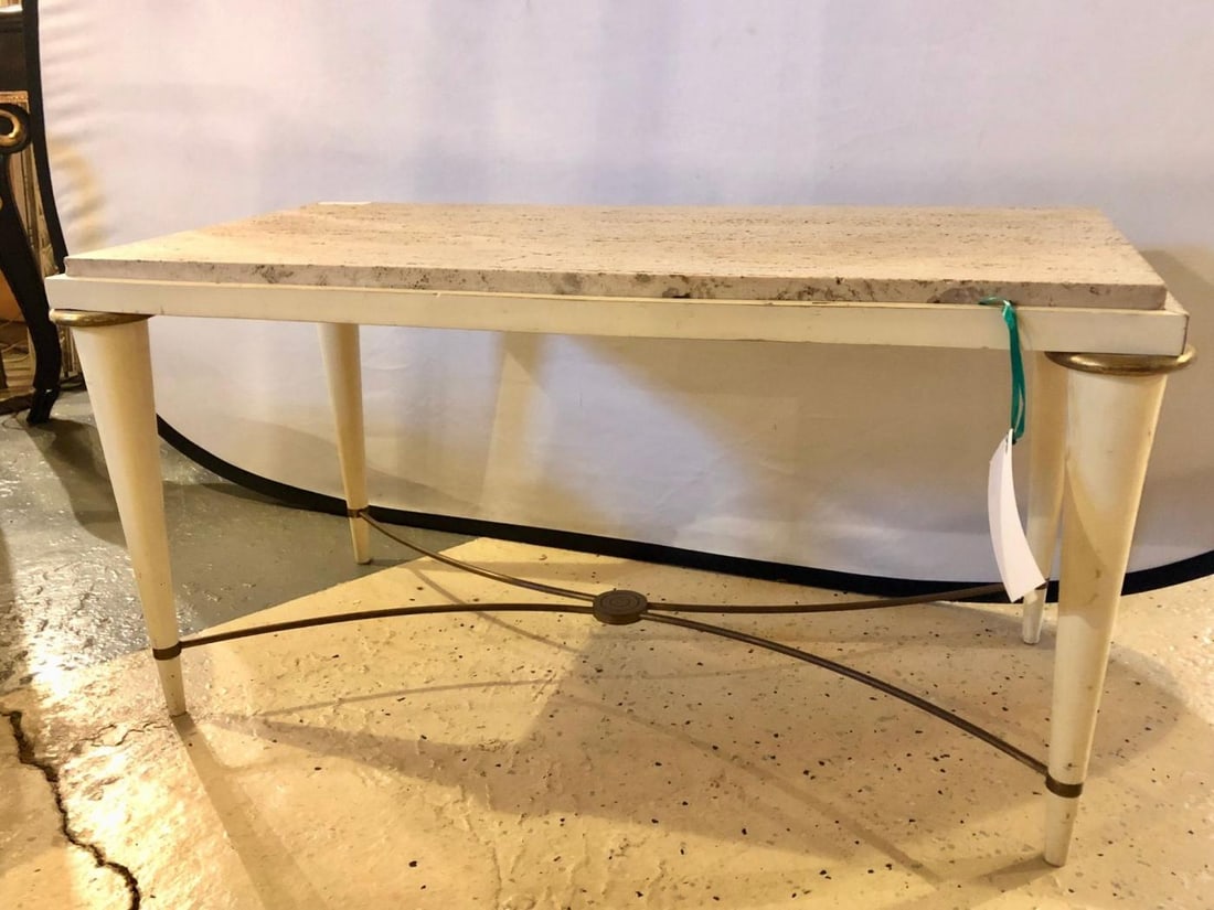 Mid-Century Modern Coffee Table Inset Travertine Marble-Top and Brass Stretcher - 3