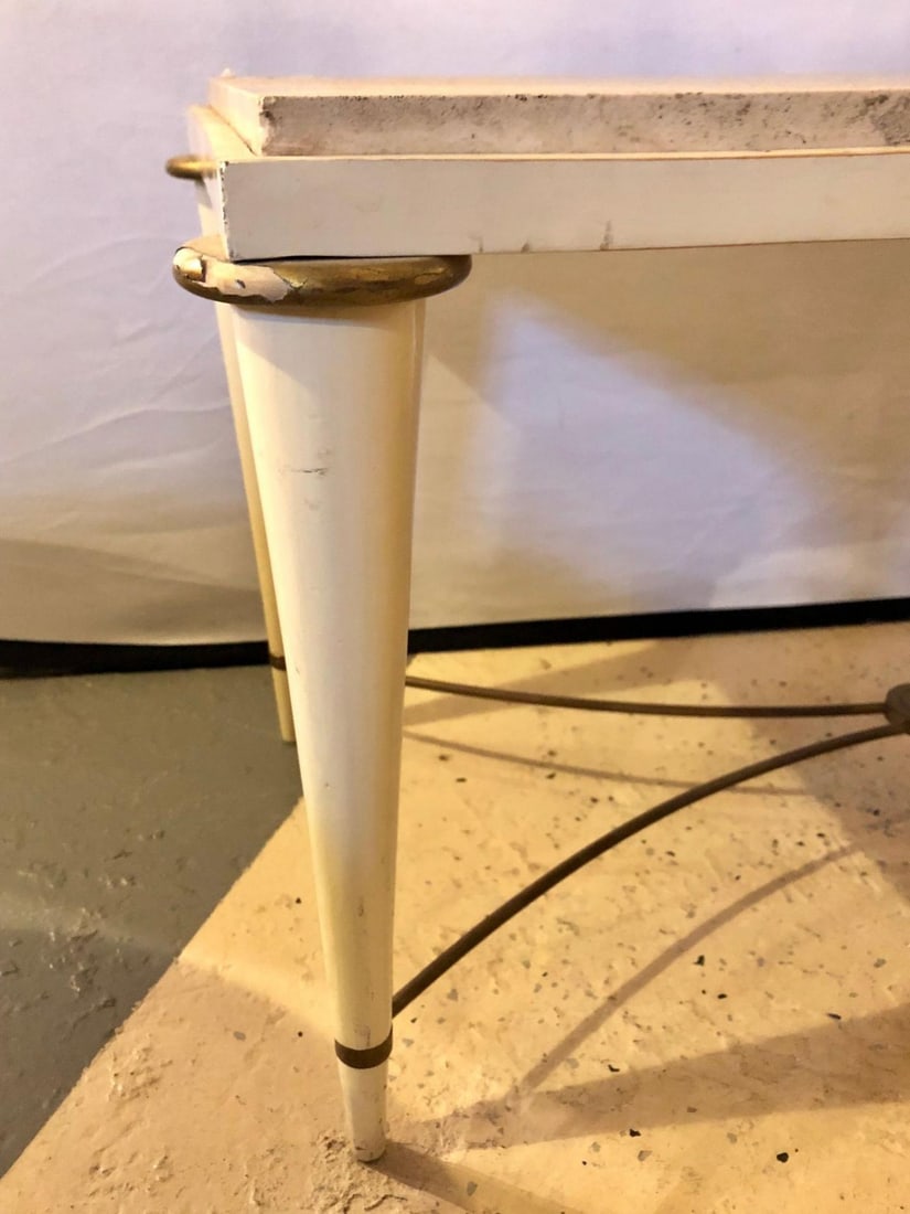 Mid-Century Modern Coffee Table Inset Travertine Marble-Top and Brass Stretcher - 5