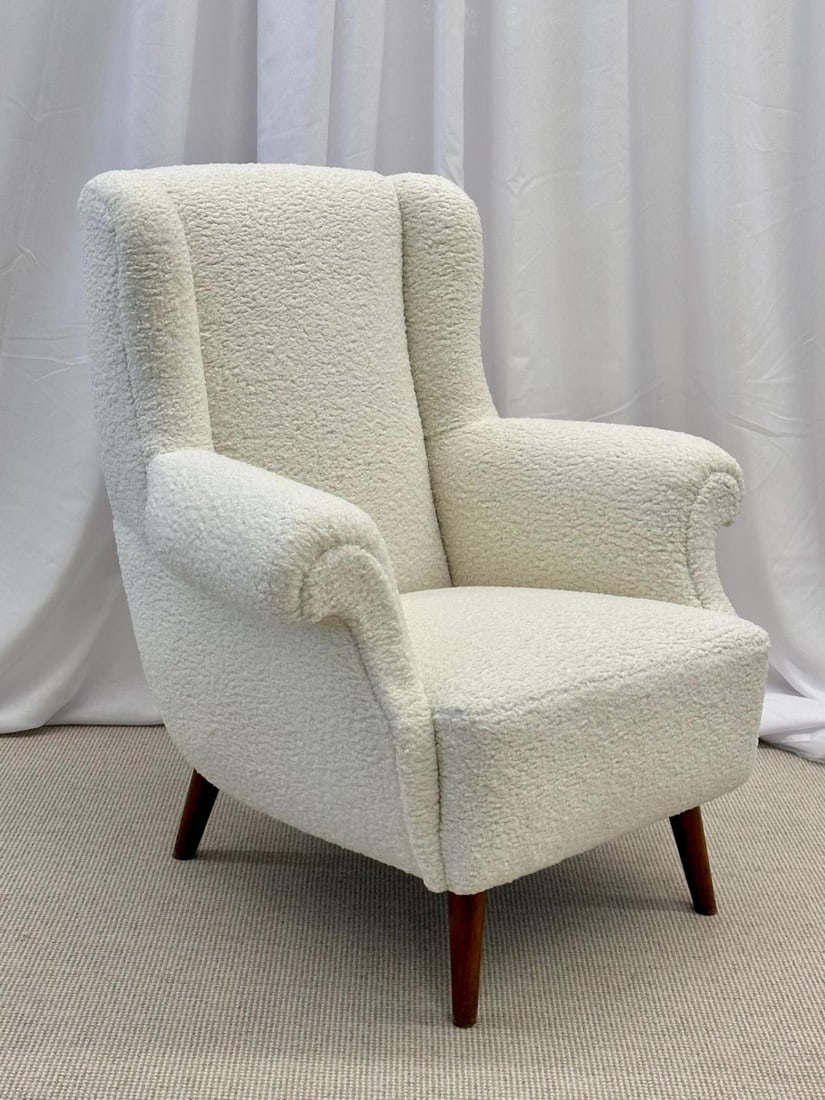 Pair American Mid-Century Scroll Lounge / Wingback Chairs, Boucle, Draper Style - 9