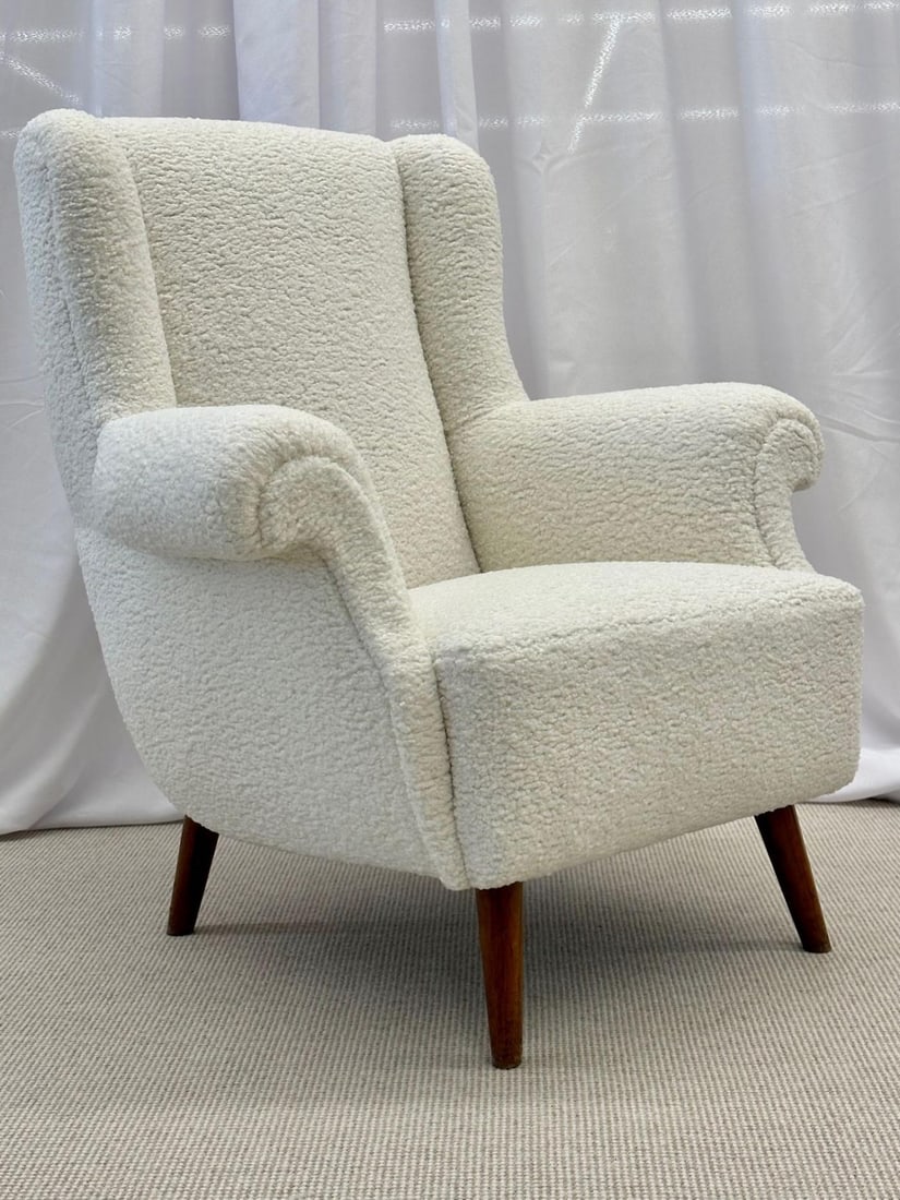 Pair American Mid-Century Scroll Lounge / Wingback Chairs, Boucle, Draper Style - 10