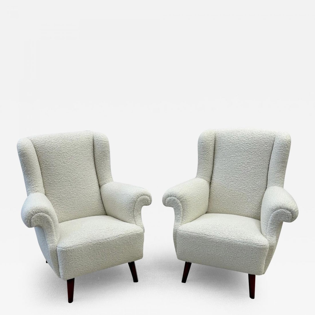 Pair American Mid-Century Scroll Lounge / Wingback Chairs, Boucle, Draper Style - 2