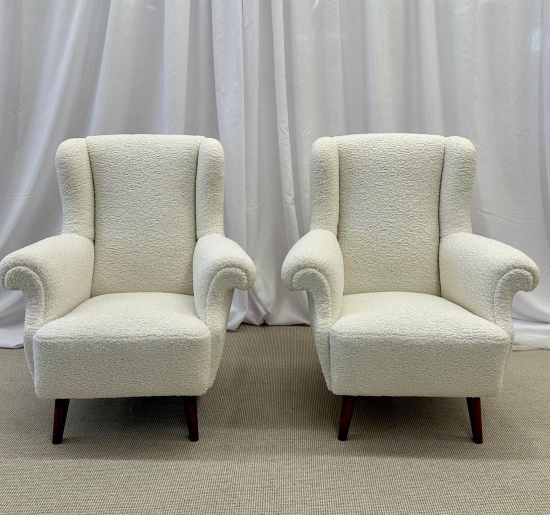 Pair American Mid-Century Scroll Lounge / Wingback Chairs, Boucle, Draper Style - 3