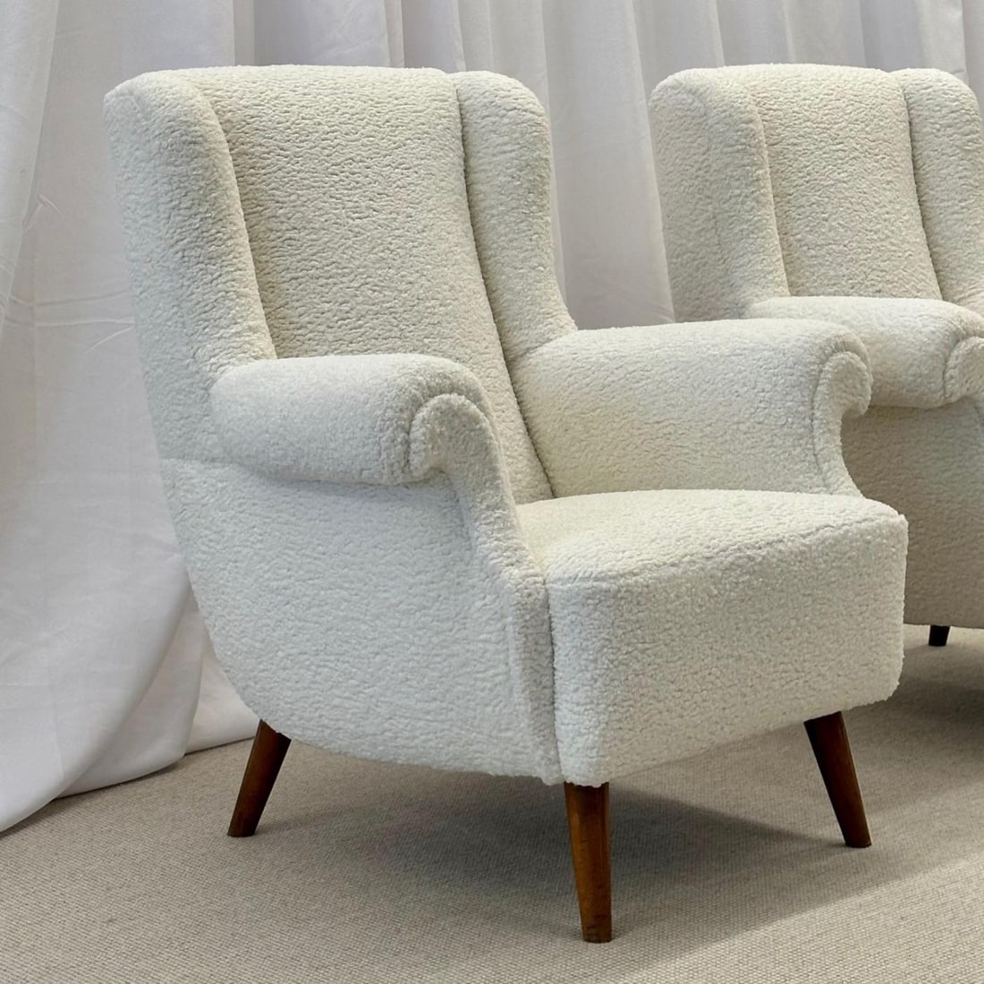 Pair American Mid-Century Scroll Lounge / Wingback Chairs, Boucle, Draper Style - 4