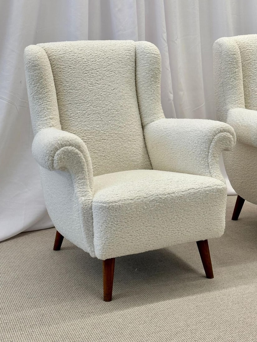 Pair American Mid-Century Scroll Lounge / Wingback Chairs, Boucle, Draper Style - 5