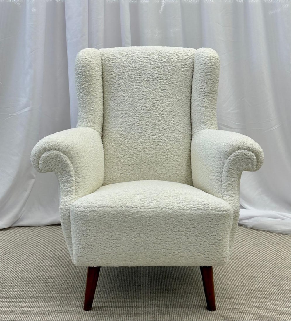 Pair American Mid-Century Scroll Lounge / Wingback Chairs, Boucle, Draper Style - 6