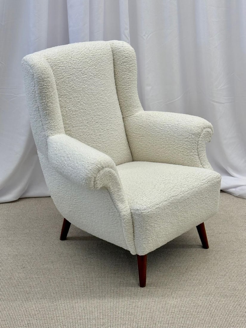 Pair American Mid-Century Scroll Lounge / Wingback Chairs, Boucle, Draper Style - 8