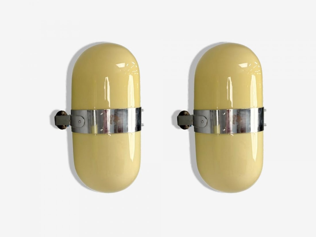 Italian Modern, Opaline Glass, Chrome, Space Age Wall Sconces, Italy, 1970s - 4
