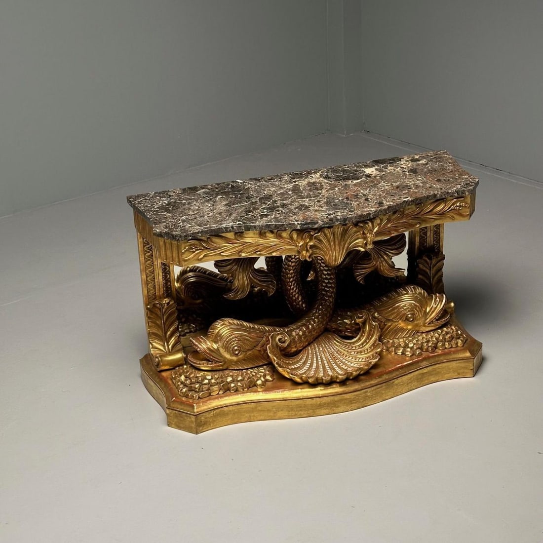 Pair of French Wood Carved Dolphin Console Tables, Pier Tables, Giltwood - 10