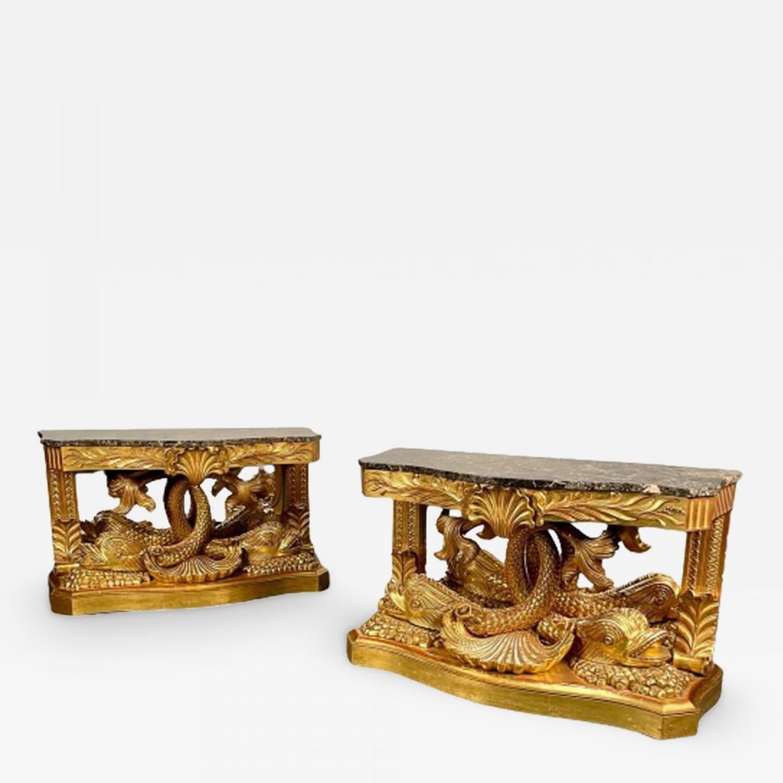 Pair of French Wood Carved Dolphin Console Tables, Pier Tables, Giltwood - 2