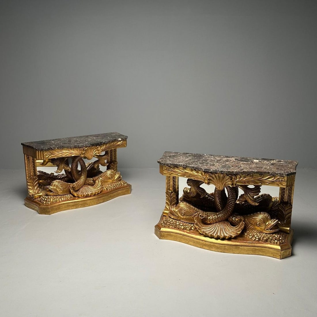 Pair of French Wood Carved Dolphin Console Tables, Pier Tables, Giltwood - 5