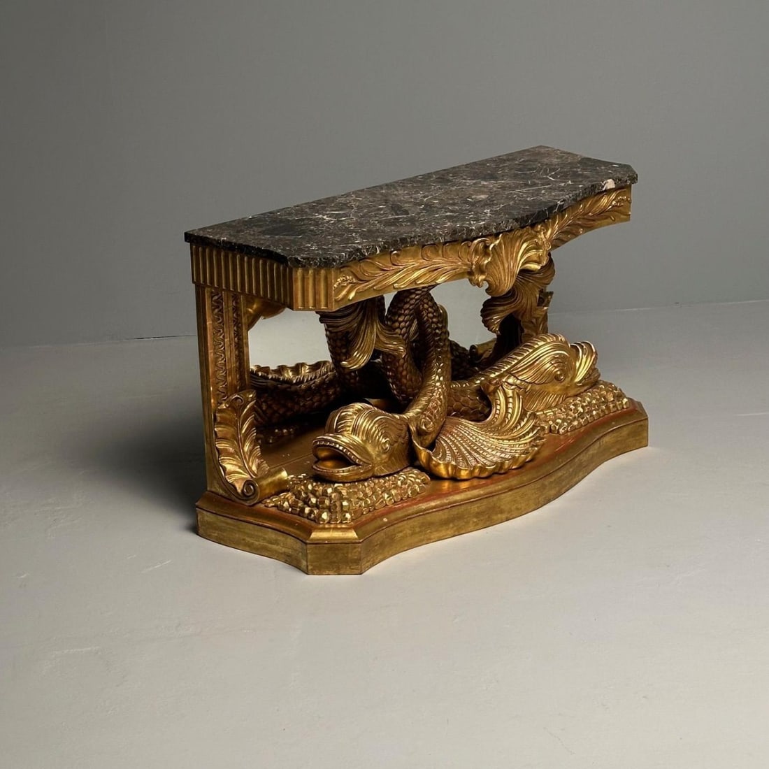 Pair of French Wood Carved Dolphin Console Tables, Pier Tables, Giltwood - 9