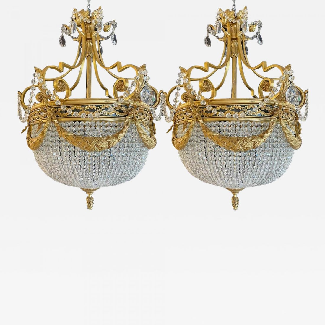 A Pair of Gilt Bronze Louis XVI Style Ballroom Chandeliers, Crystal, Rewired (1 of 9)