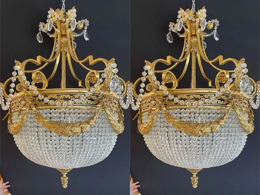 A Pair of Gilt Bronze Louis XVI Style Ballroom Chandeliers, Crystal, Rewired - 3