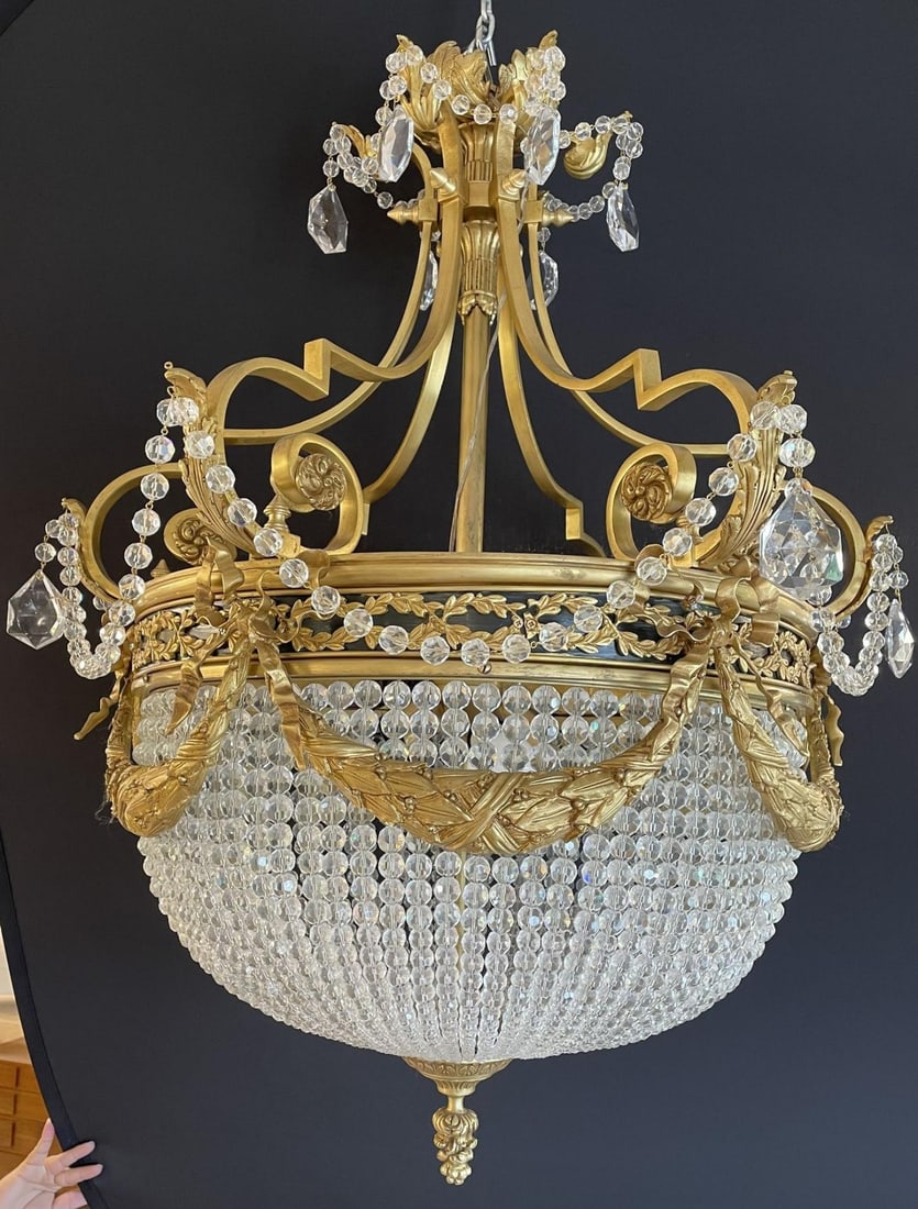 A Pair of Gilt Bronze Louis XVI Style Ballroom Chandeliers, Crystal, Rewired - 5
