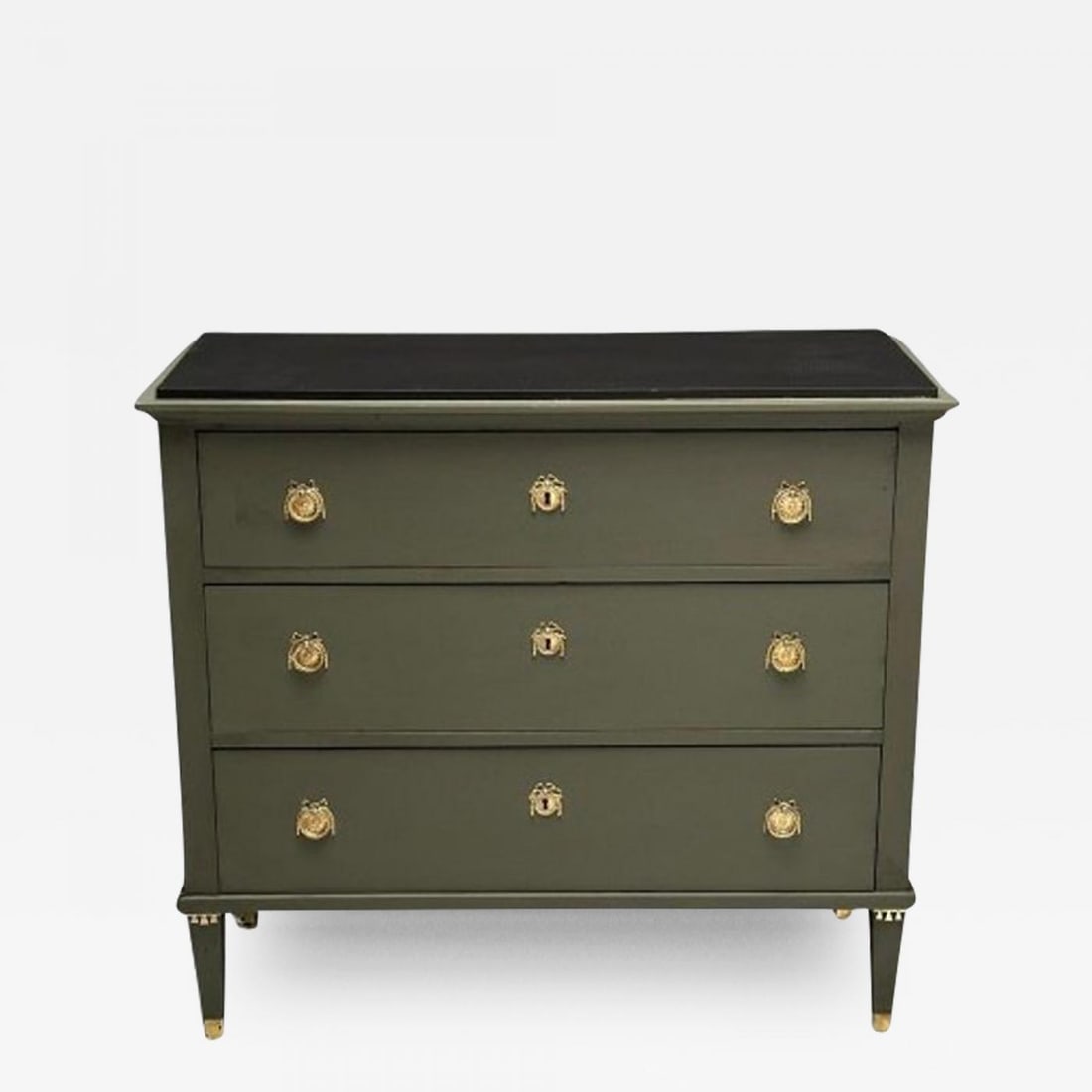Gustavian, Swedish Commode, Green Paint, Pinewood, Brass, Sweden, 1970s - 2