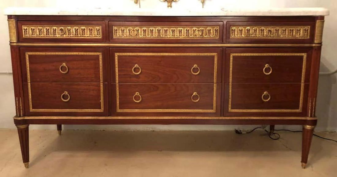 Pair of Monumental Louis XVI Style Marble Top Commodes Maison Jansen - 4