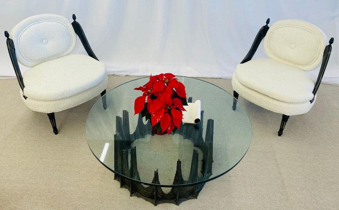 Hollywood Regency Ebony Boudoir, Fauteuil Chairs, New Boucle, Bronze, Jansen - 3