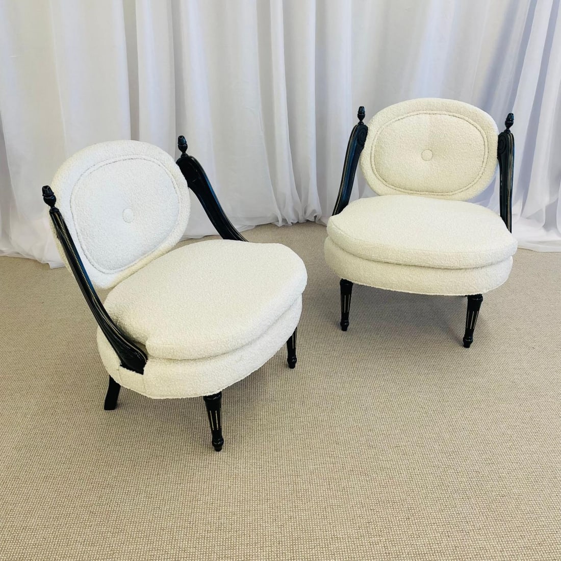 Hollywood Regency Ebony Boudoir, Fauteuil Chairs, New Boucle, Bronze, Jansen - 6