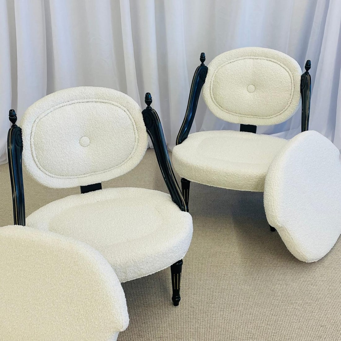 Hollywood Regency Ebony Boudoir, Fauteuil Chairs, New Boucle, Bronze, Jansen - 8