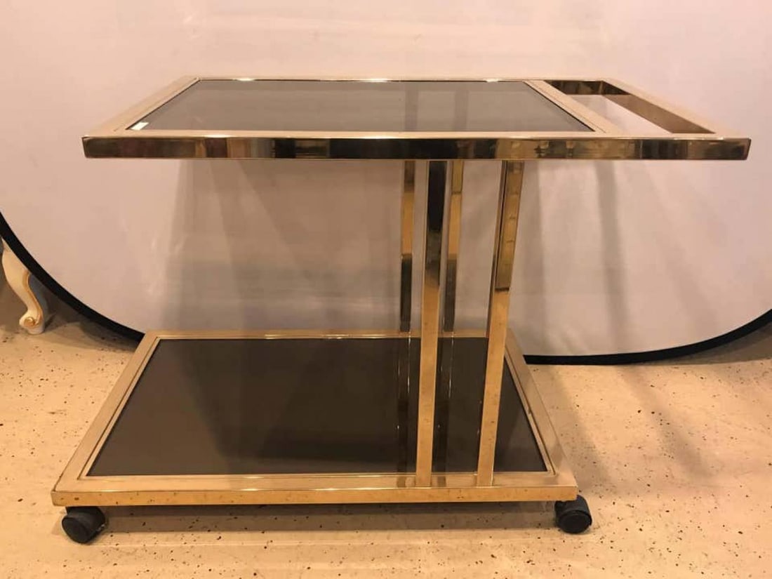 Italian Brass and Smoked Glass Bar / Serving Cart On Rolling Casters Two Tie - 5