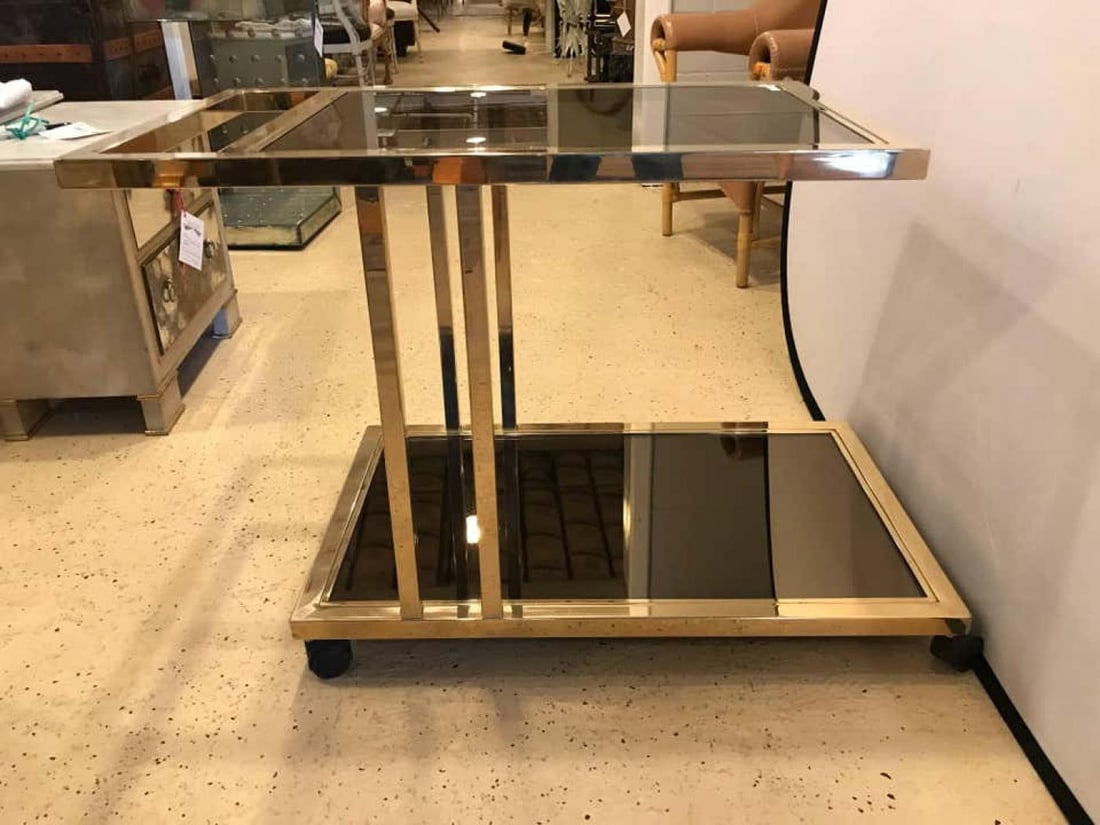 Italian Brass and Smoked Glass Bar / Serving Cart On Rolling Casters Two Tie - 7