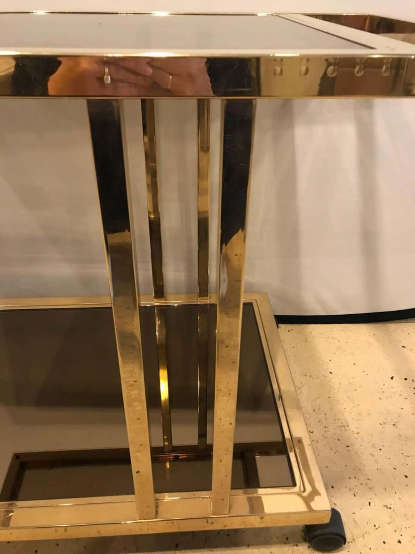 Italian Brass and Smoked Glass Bar / Serving Cart On Rolling Casters Two Tie - 9