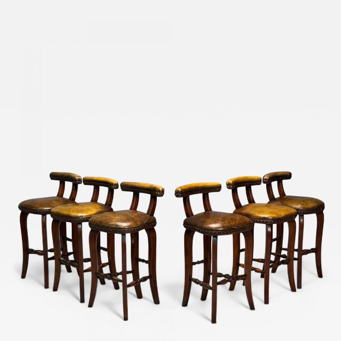 Georgian Style, Distressed Brown Leather, Stained Wood, Six Bar Stools, 20th C. (1 of 11)