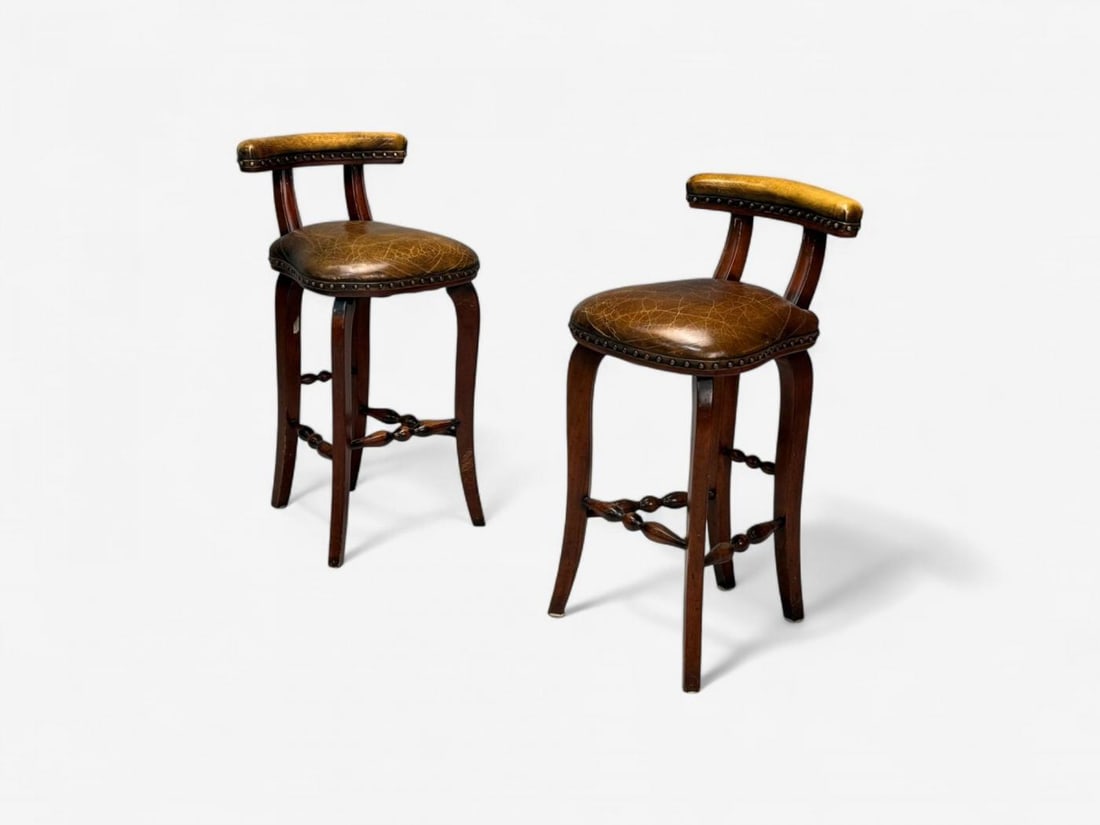 Georgian Style, Distressed Brown Leather, Stained Wood, Six Bar Stools, 20th C. - 4