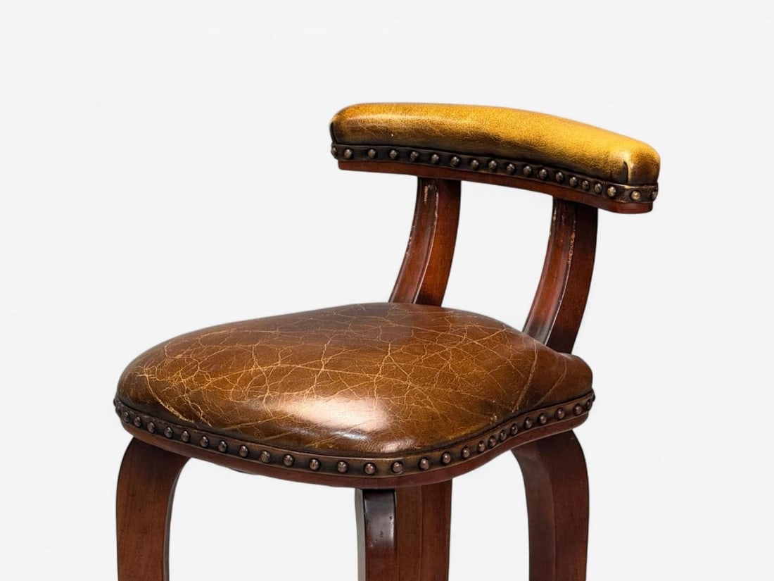 Georgian Style, Distressed Brown Leather, Stained Wood, Six Bar Stools, 20th C. - 5