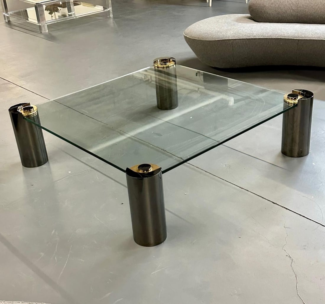 Signed Large Mid-Century Karl Springer Coffee / Cocktail Table, Gunmetal, Brass - 4