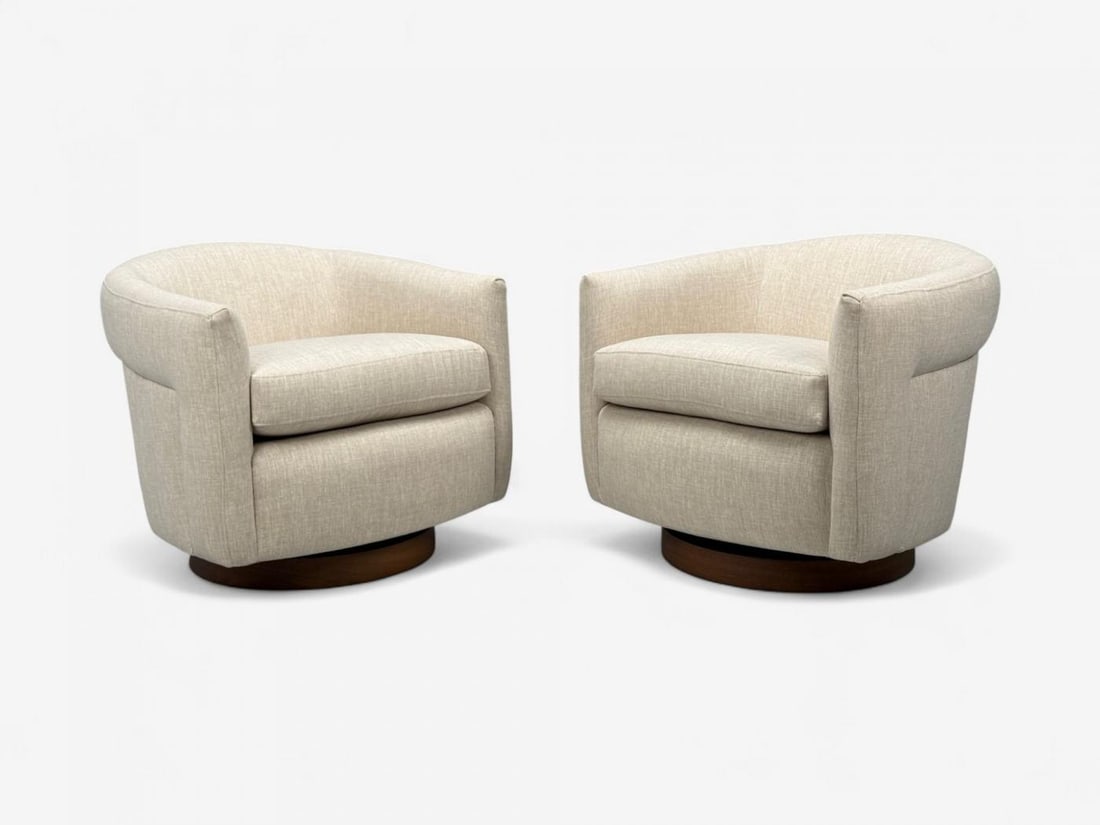 Milo Baughman, Beige Upholstery, Walnut, Tilt & Swivel Chairs, USA, 1970s - 7