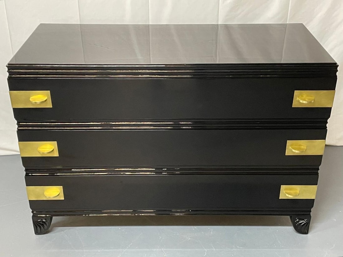 Black Lacquered Campaign Chest, Dresser or Commode, Hollywood Regency, Parzinger - 5