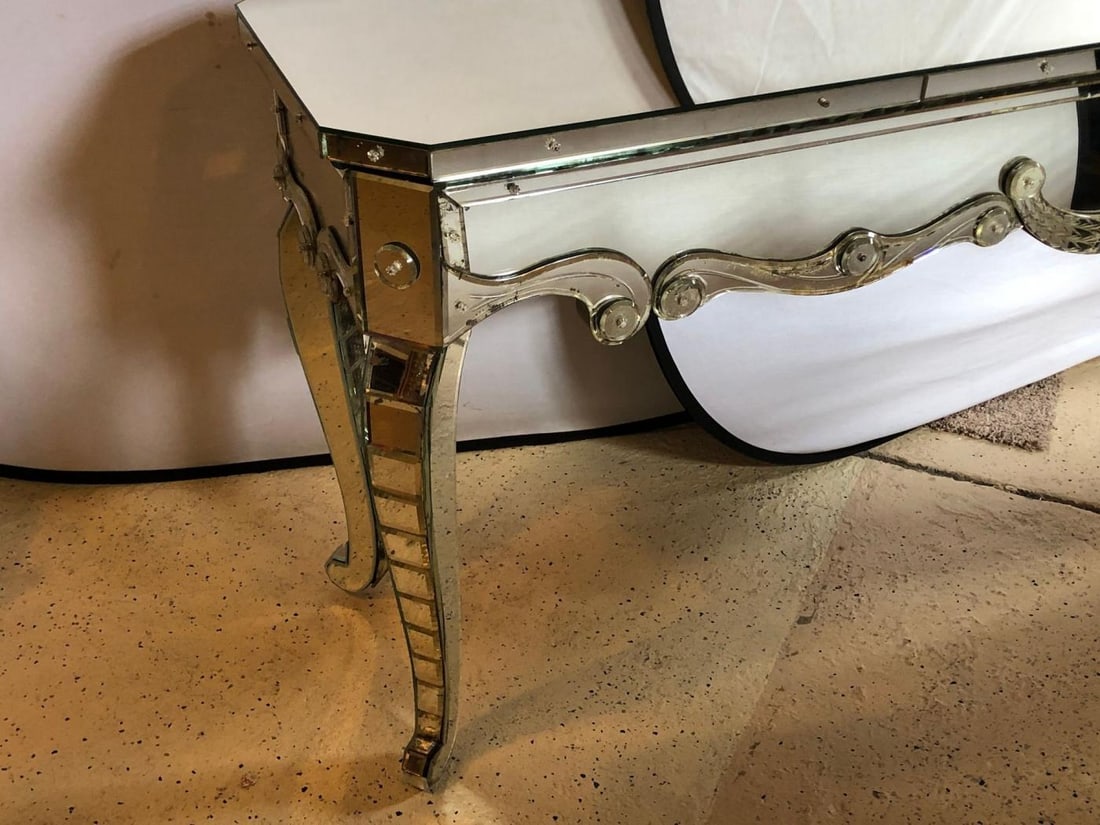 Hollywood Regency Mirrored Console with Applied Decoration and Cabriolet Legs - 6