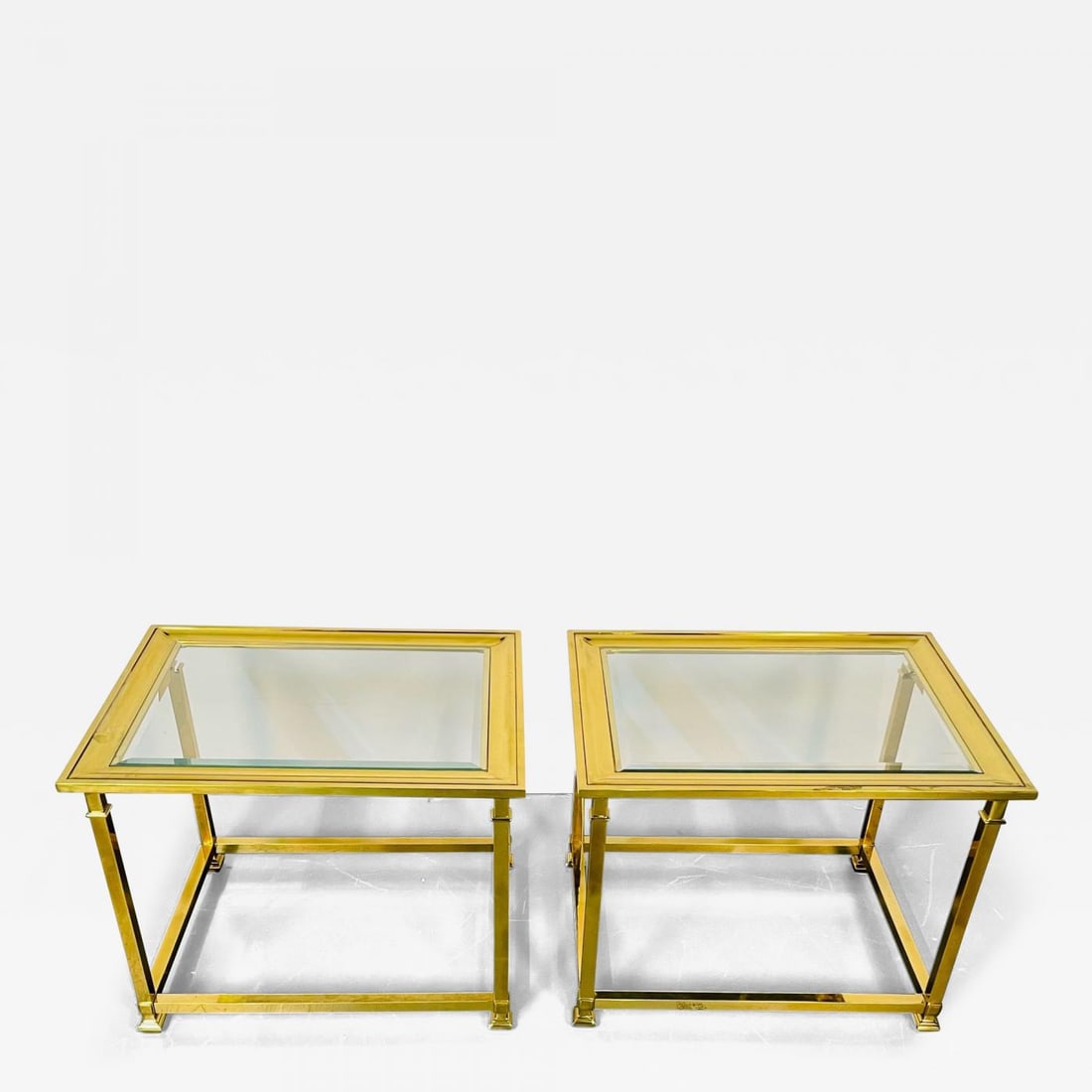 Pair Hollywood Regency Mastercraft Brass, Glass End / Side Tables, Mid-Century - 2