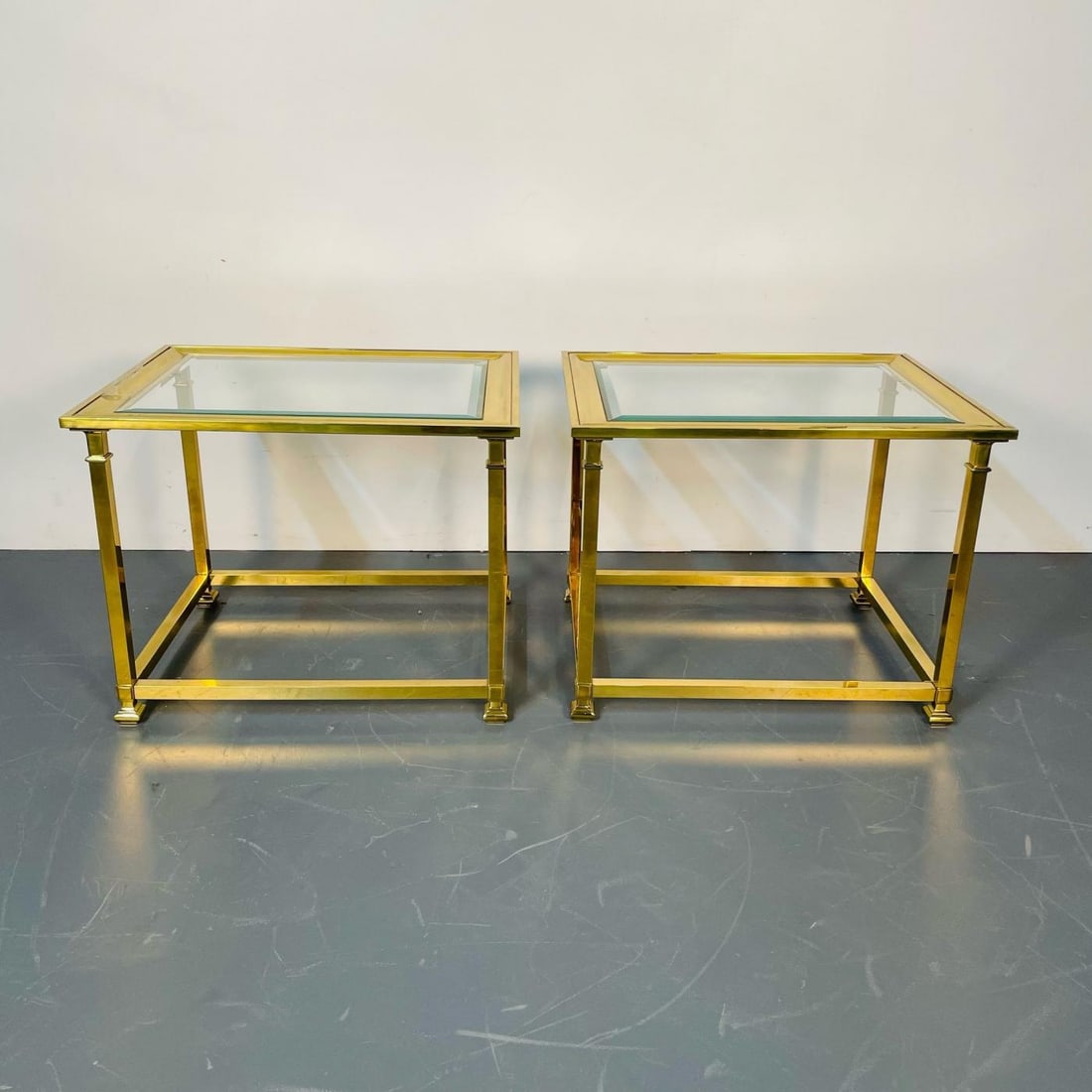 Pair Hollywood Regency Mastercraft Brass, Glass End / Side Tables, Mid-Century - 3