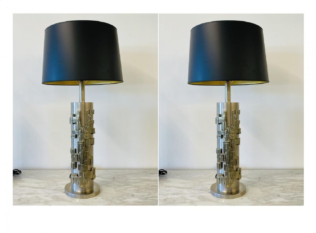 A Pair of Modernist Table Lamps, Brushed Nickel and Sculptural Metal, 1970s - 3